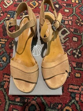 COCLICO Tan Suede Open-Toe Ankle Strap Block Heel Sandals